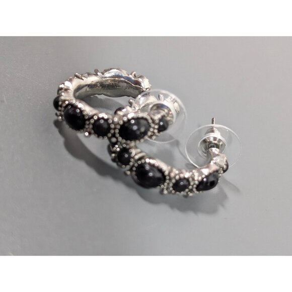 Chaps Black Cabochon Silver Tone Hoop Pierced Earrings Western Boho - Picture 8 of 12